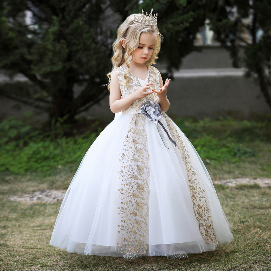 Ballkleid V-Ausschnitt Ärmellos Blumenmädchenkleider mit Schärpe