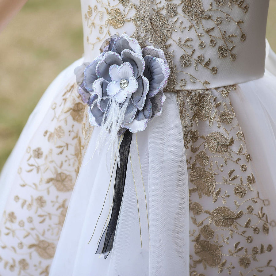 Ballkleid V-Ausschnitt Ärmellos Blumenmädchenkleider mit Schärpe