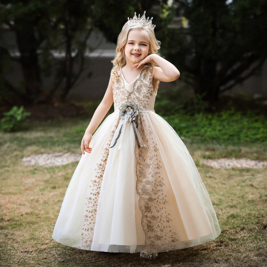 Ballkleid V-Ausschnitt Ärmellos Blumenmädchenkleider mit Schärpe
