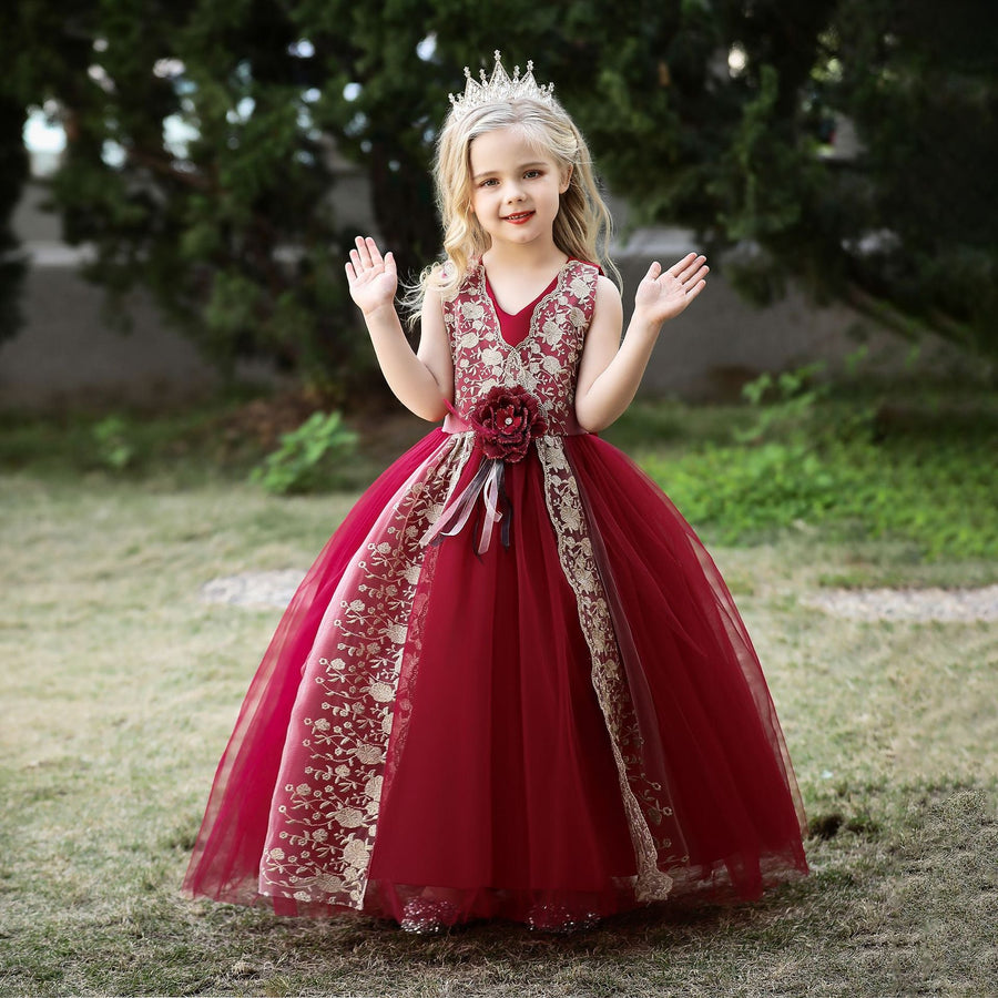 Ballkleid V-Ausschnitt Ärmellos Blumenmädchenkleider mit Schärpe