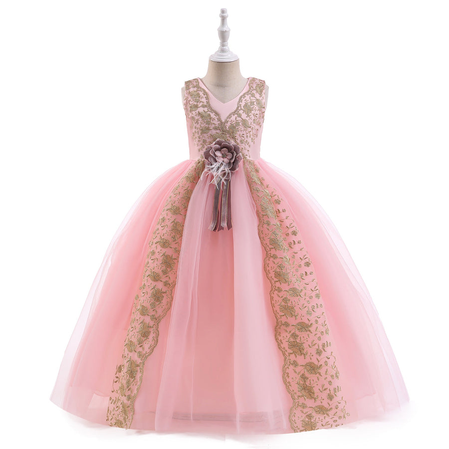 Ballkleid V-Ausschnitt Ärmellos Blumenmädchenkleider mit Schärpe