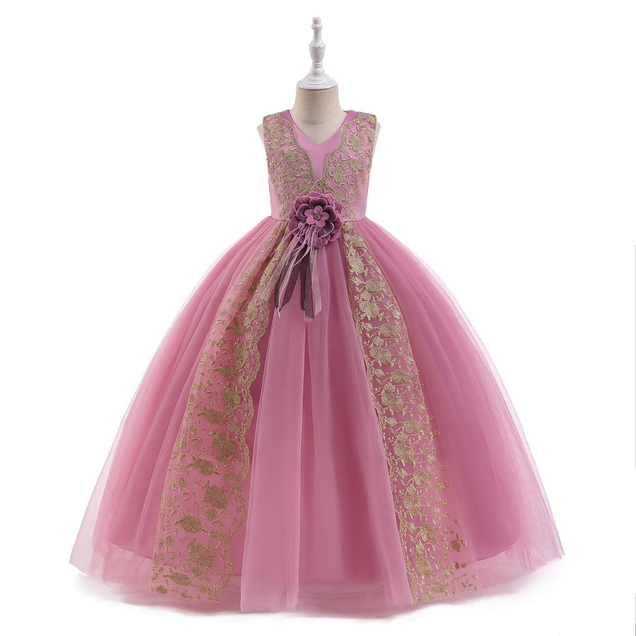 Ballkleid V-Ausschnitt Ärmellos Blumenmädchenkleider mit Schärpe
