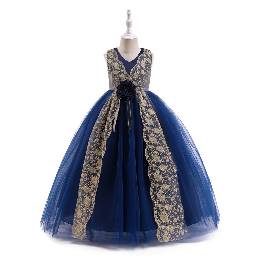 Ballkleid V-Ausschnitt Ärmellos Blumenmädchenkleider mit Schärpe