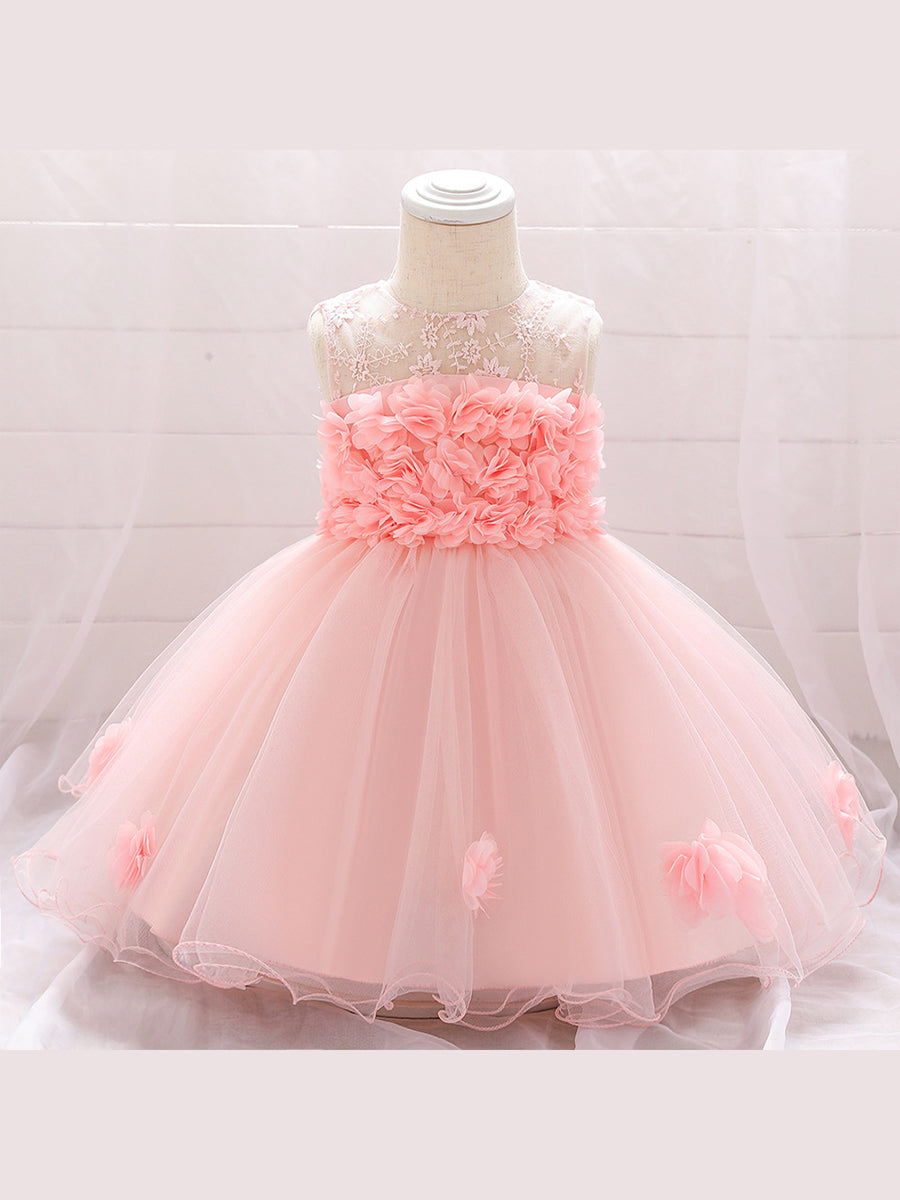 Ballkleid U-Ausschnitt Ärmellose Blumenmädchenkleider mit einfarbigen Blumen