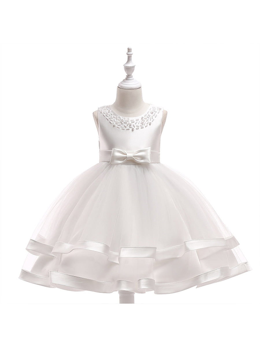 Ballkleid U-Ausschnitt Ärmellose Blumenmädchenkleider mit Perlen