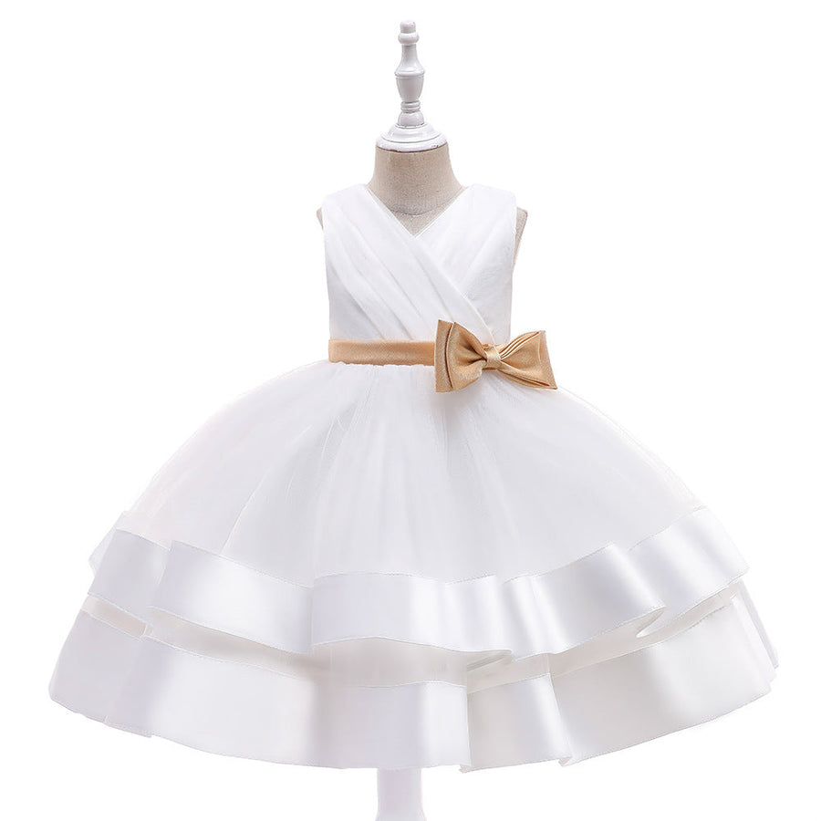 Ballkleid V-Ausschnitt Ärmelloses Blumenmädchenkleid mit Schleife