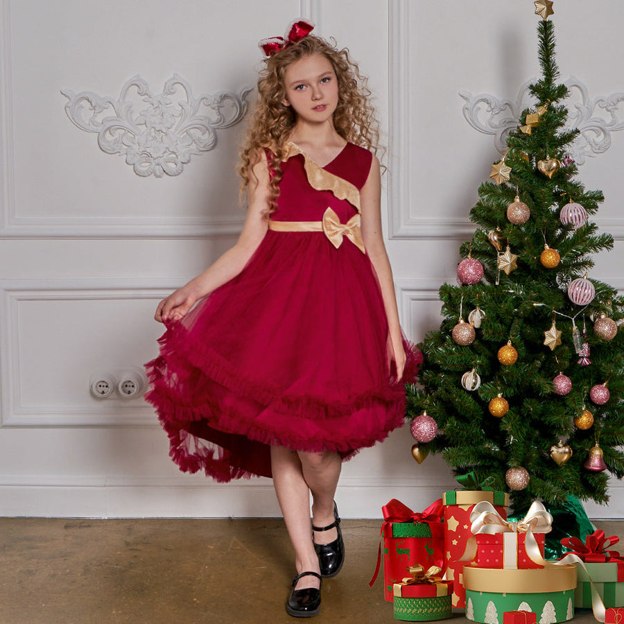 A-Linie/Princess-Linie V-Ausschnitt Ärmellos Rüschen Weihnachtskleider für Mädchen