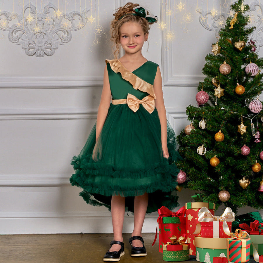 A-Linie/Princess-Linie V-Ausschnitt Ärmellos Rüschen Weihnachtskleider für Mädchen