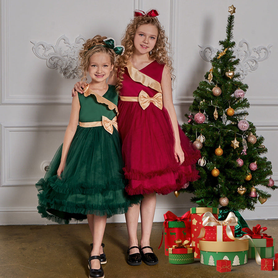 A-Linie/Princess-Linie V-Ausschnitt Ärmellos Rüschen Weihnachtskleider für Mädchen
