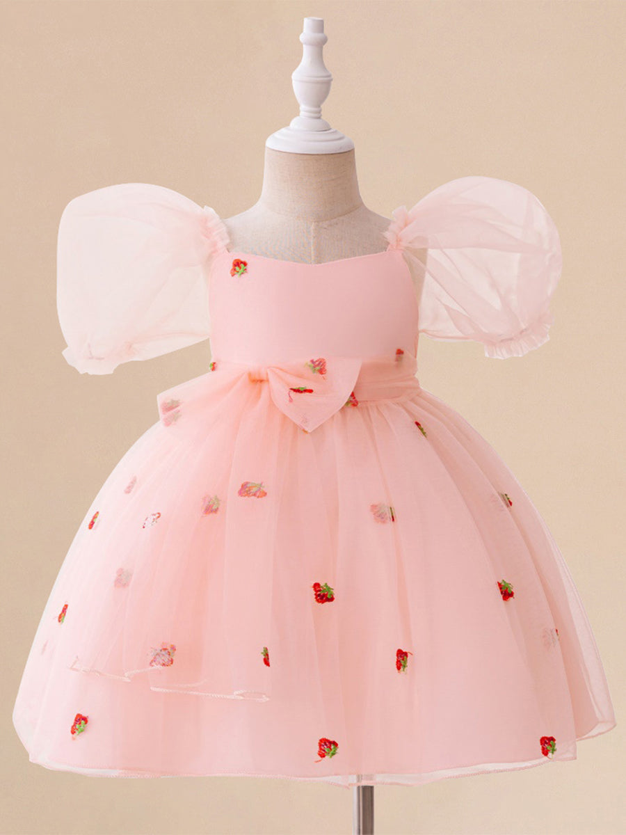 Ballkleid mit U-Ausschnitt und Puffärmeln, Blumenmädchenkleider mit Schleife