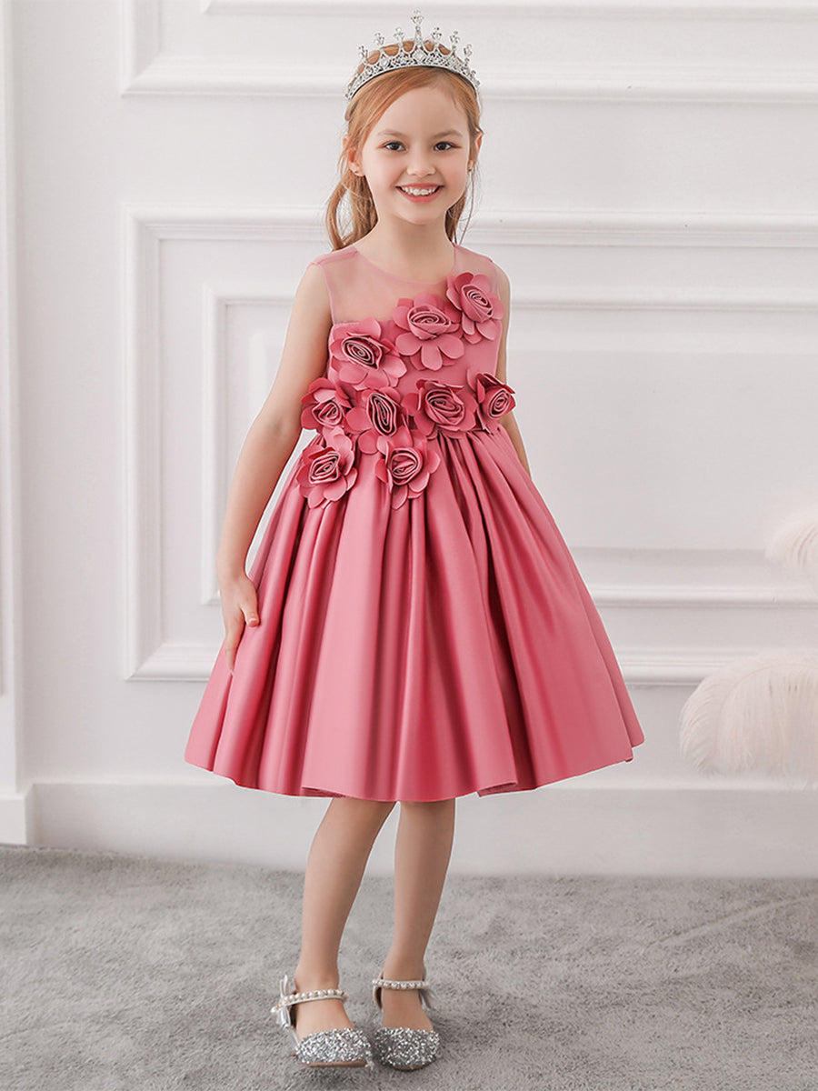 Ballkleid U-Ausschnitt Ärmellose Blumenmädchenkleider mit einfarbigen Blumen