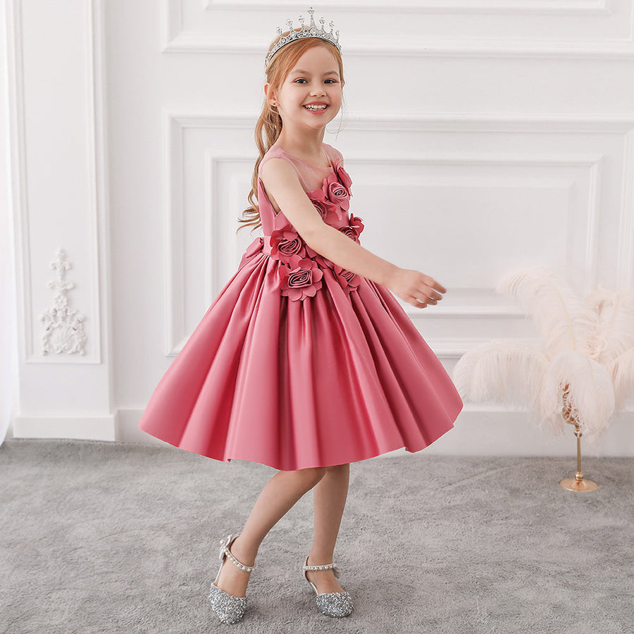 Ballkleid U-Ausschnitt Ärmellose Blumenmädchenkleider mit einfarbigen Blumen