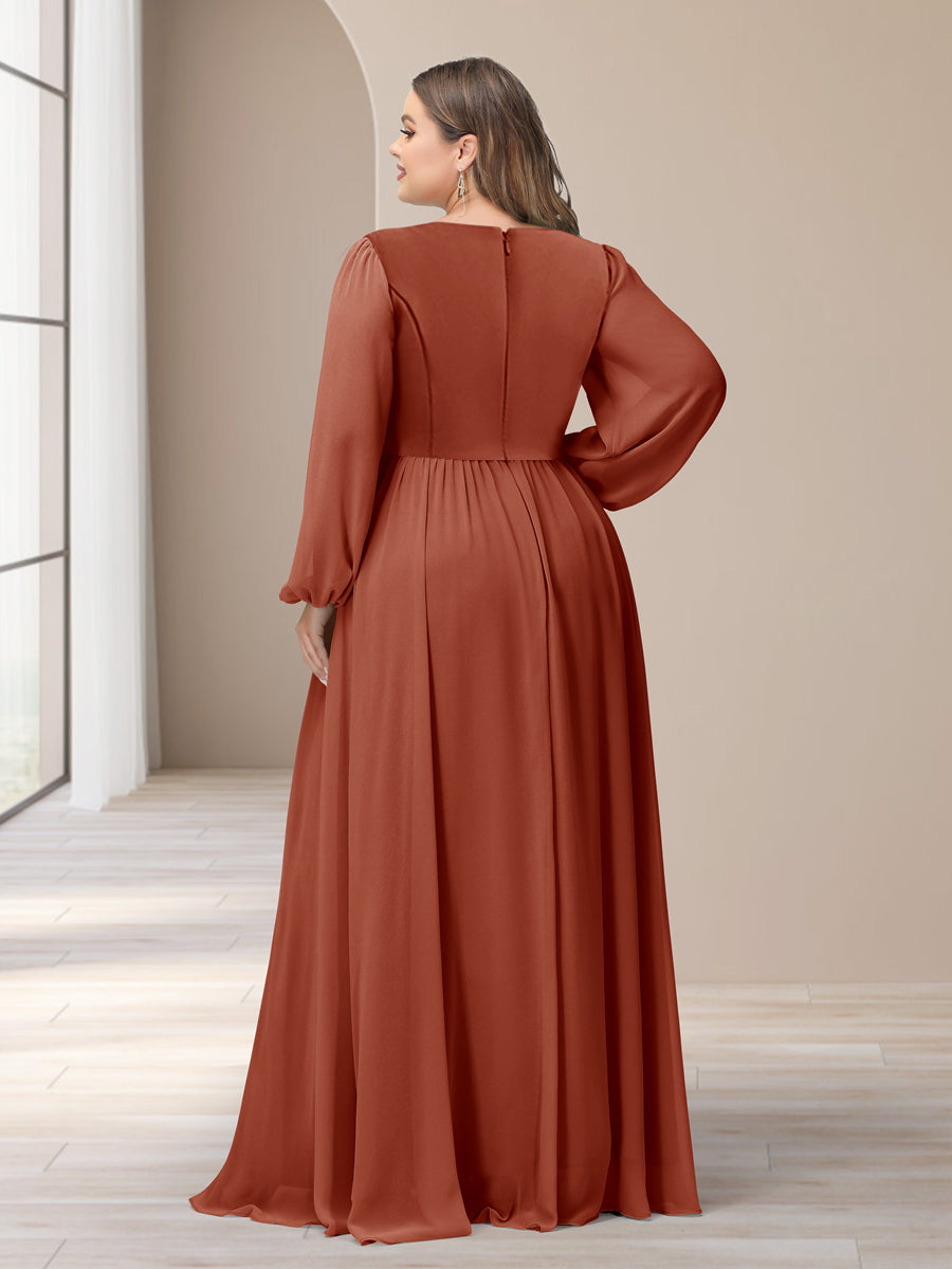 A-Linie/Princess-Linie V-Ausschnitt Lange Ärmel Chiffon Lange Große Größen Brautjungfernkleider Mit Schlitz Seitlich
