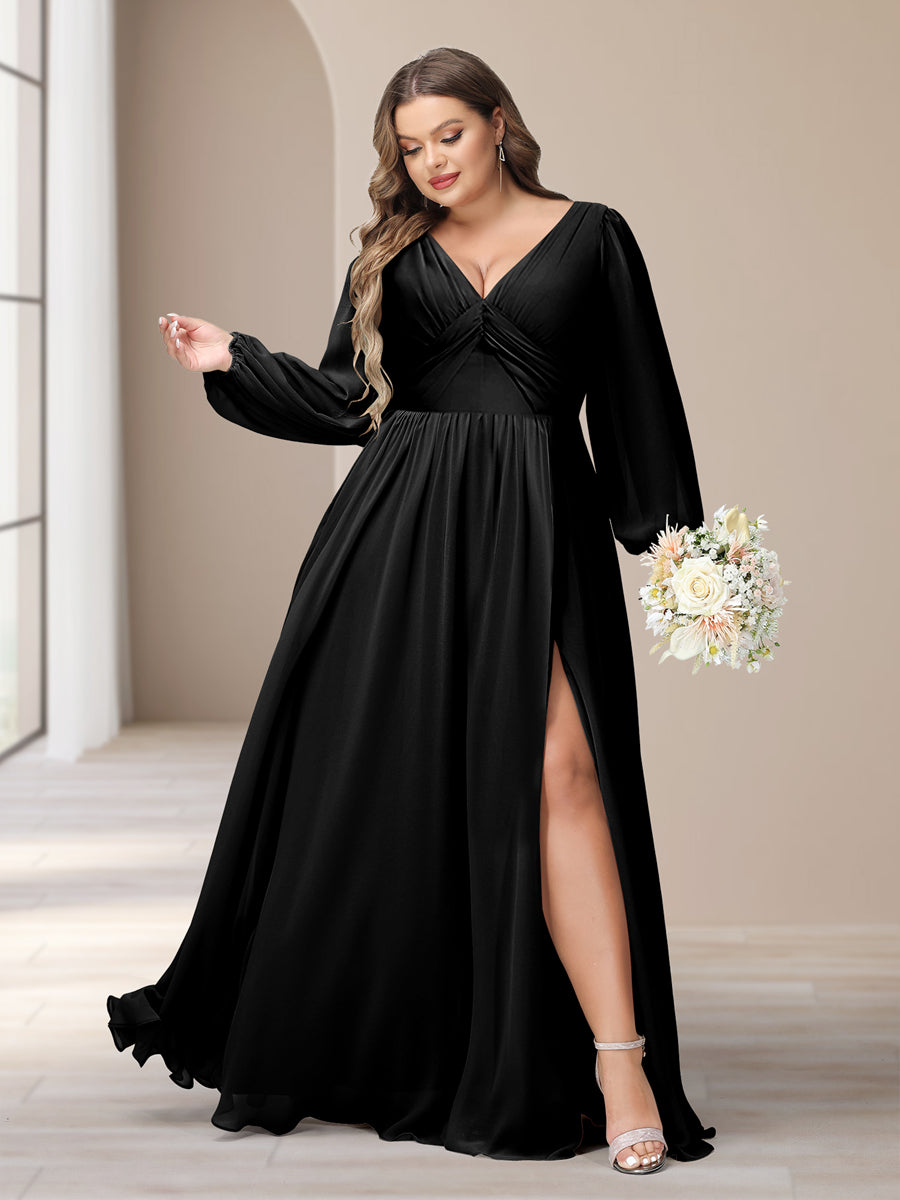 A-Linie/Princess-Linie V-Ausschnitt Lange Ärmel Chiffon Lange Große Größen Brautjungfernkleider Mit Schlitz Seitlich