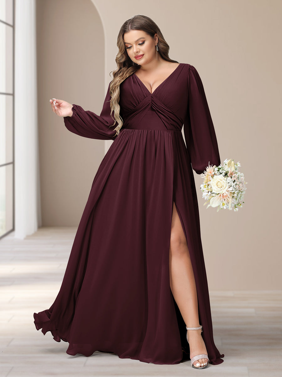 A-Linie/Princess-Linie V-Ausschnitt Lange Ärmel Chiffon Lange Große Größen Brautjungfernkleider Mit Schlitz Seitlich