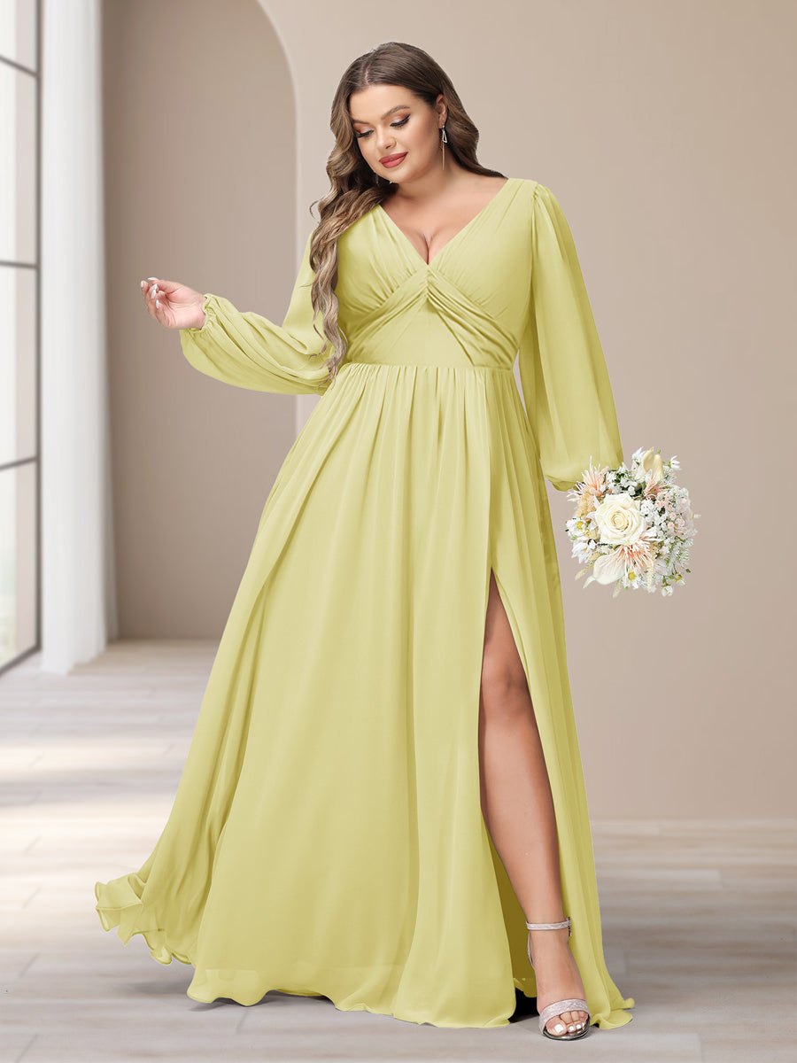 A-Linie/Princess-Linie V-Ausschnitt Lange Ärmel Chiffon Lange Große Größen Brautjungfernkleider Mit Schlitz Seitlich