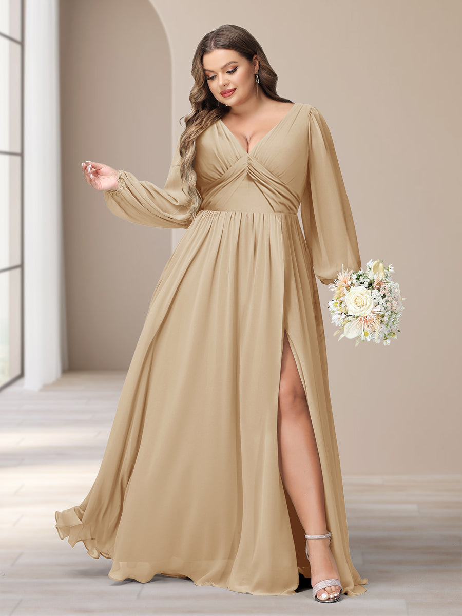A-Linie/Princess-Linie V-Ausschnitt Lange Ärmel Chiffon Lange Große Größen Brautjungfernkleider Mit Schlitz Seitlich