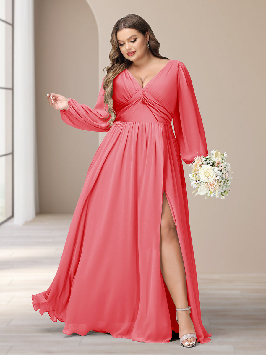 A-Linie/Princess-Linie V-Ausschnitt Lange Ärmel Chiffon Lange Große Größen Brautjungfernkleider Mit Schlitz Seitlich