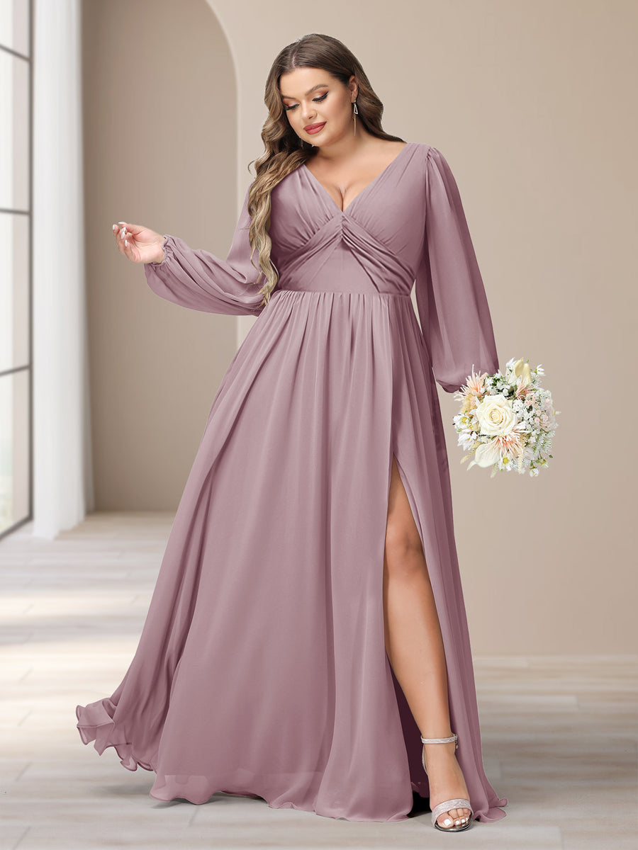 A-Linie/Princess-Linie V-Ausschnitt Lange Ärmel Chiffon Lange Große Größen Brautjungfernkleider Mit Schlitz Seitlich