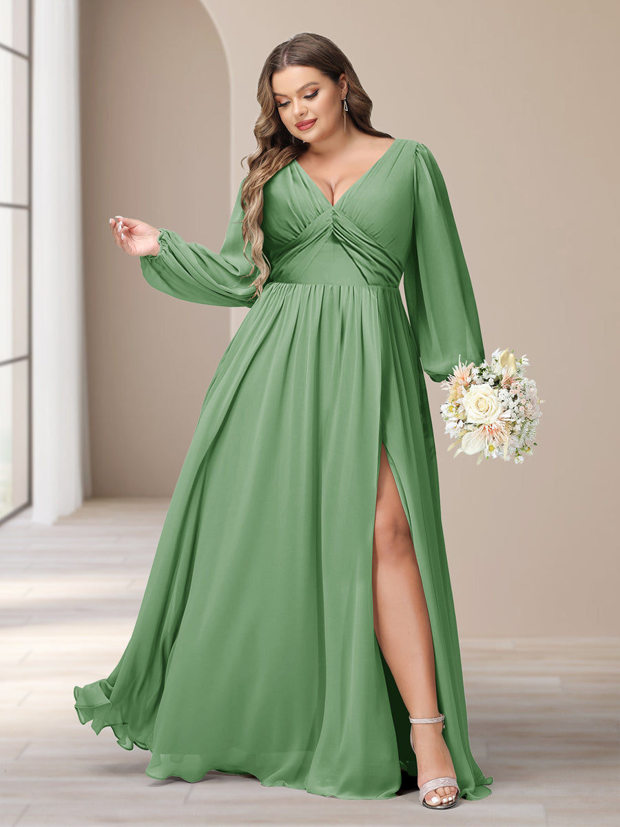 A-Linie/Princess-Linie V-Ausschnitt Lange Ärmel Chiffon Lange Große Größen Brautjungfernkleider Mit Schlitz Seitlich