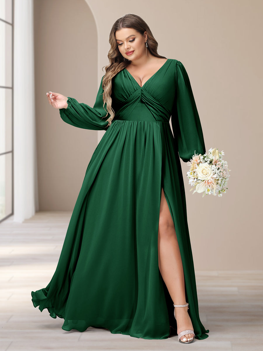 A-Linie/Princess-Linie V-Ausschnitt Lange Ärmel Chiffon Lange Große Größen Brautjungfernkleider Mit Schlitz Seitlich