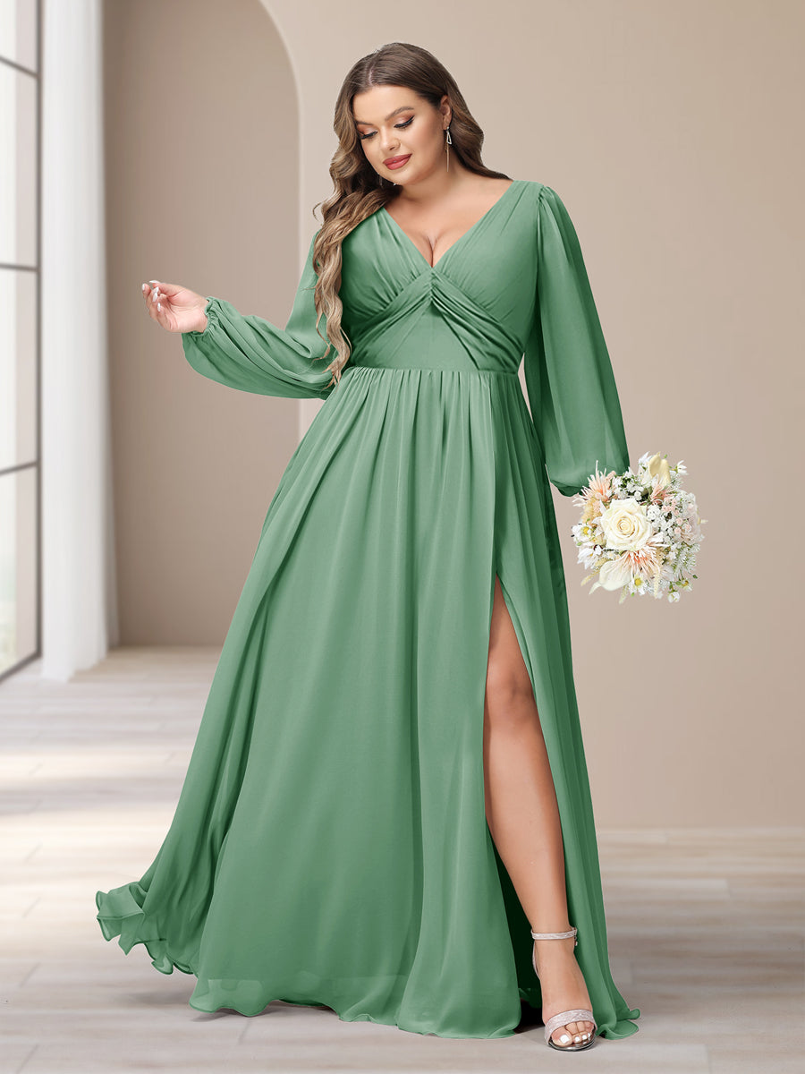 A-Linie/Princess-Linie V-Ausschnitt Lange Ärmel Chiffon Lange Große Größen Brautjungfernkleider Mit Schlitz Seitlich
