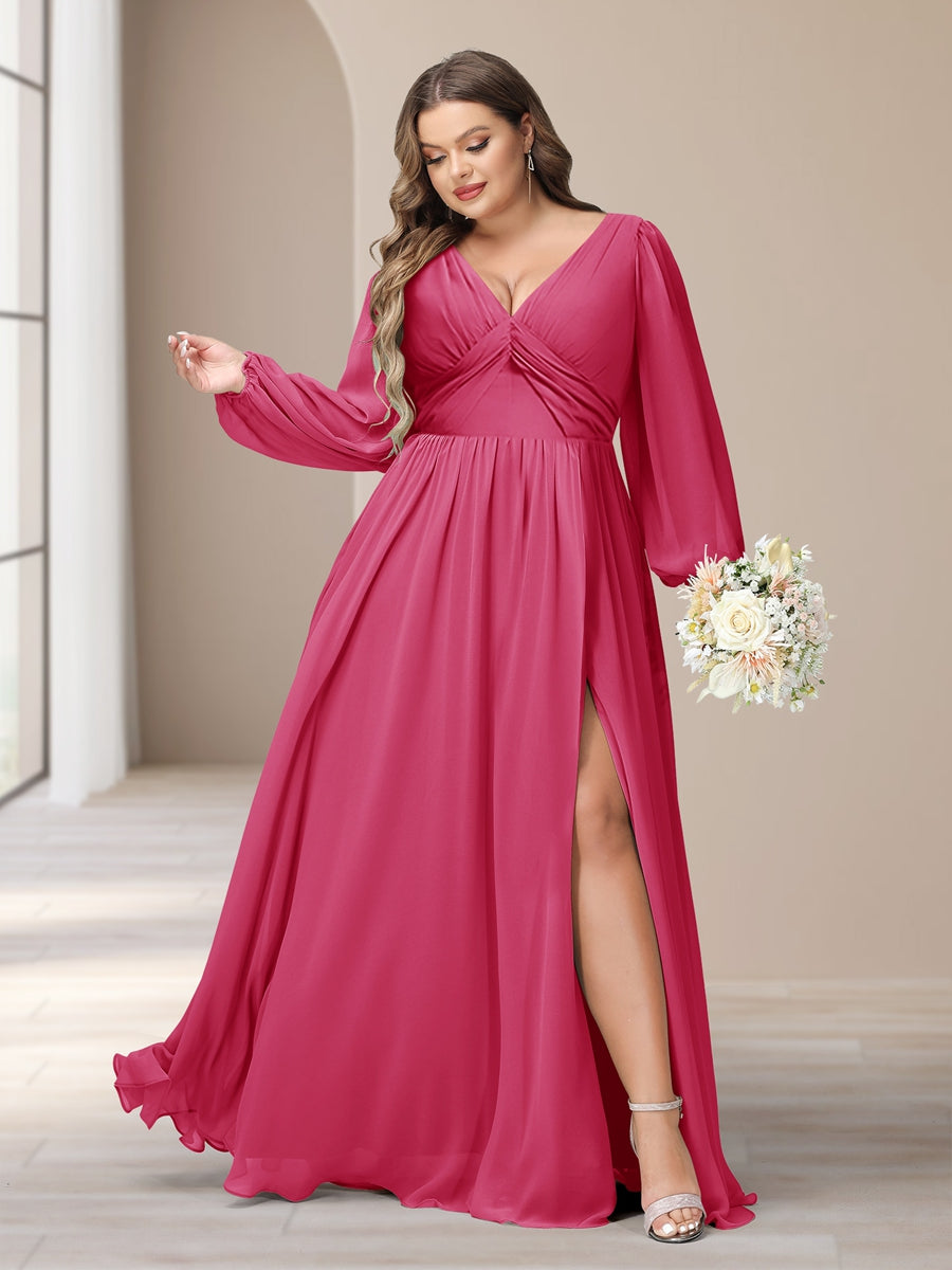 A-Linie/Princess-Linie V-Ausschnitt Lange Ärmel Chiffon Lange Große Größen Brautjungfernkleider Mit Schlitz Seitlich