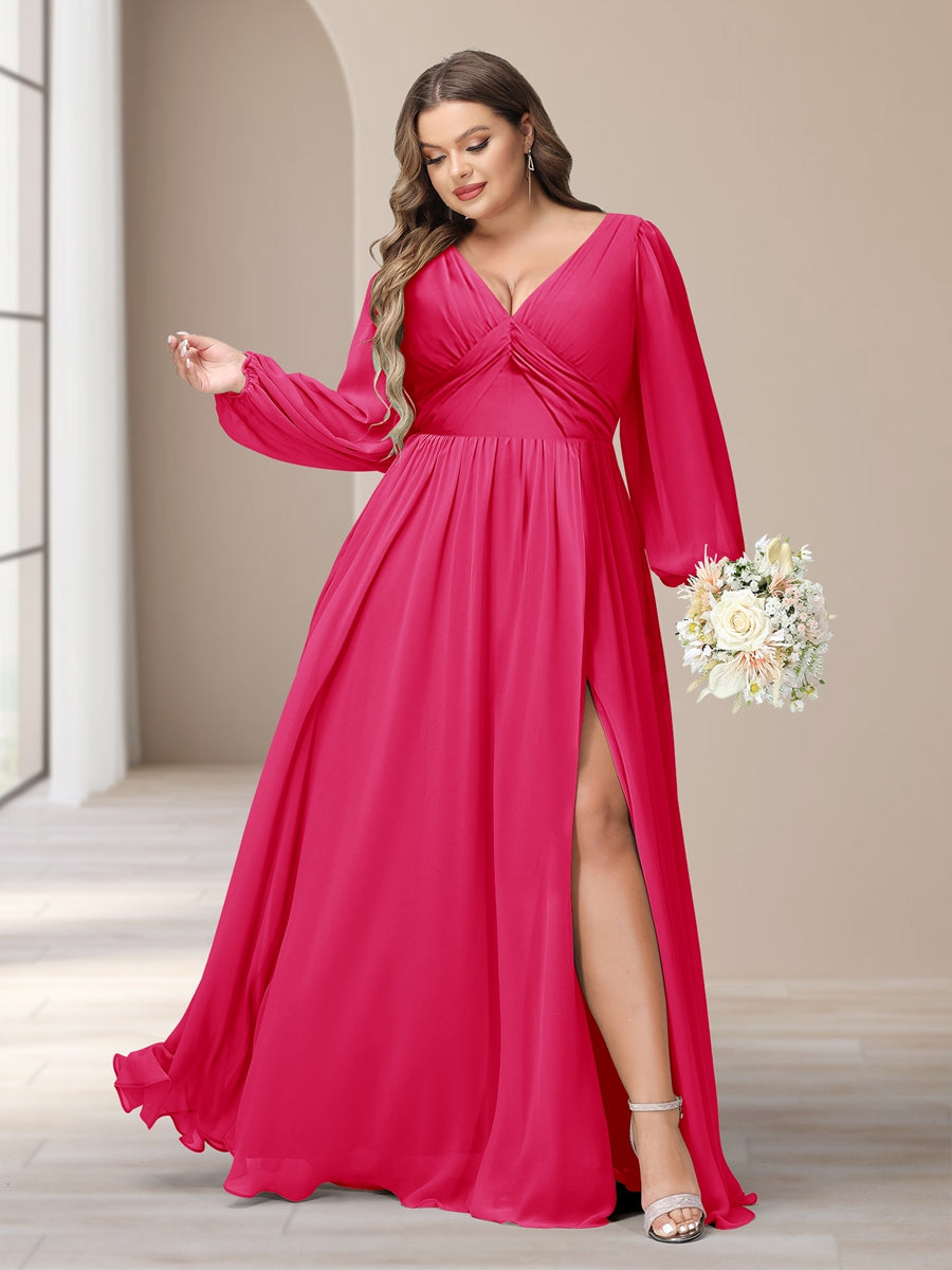 A-Linie/Princess-Linie V-Ausschnitt Lange Ärmel Chiffon Lange Große Größen Brautjungfernkleider Mit Schlitz Seitlich