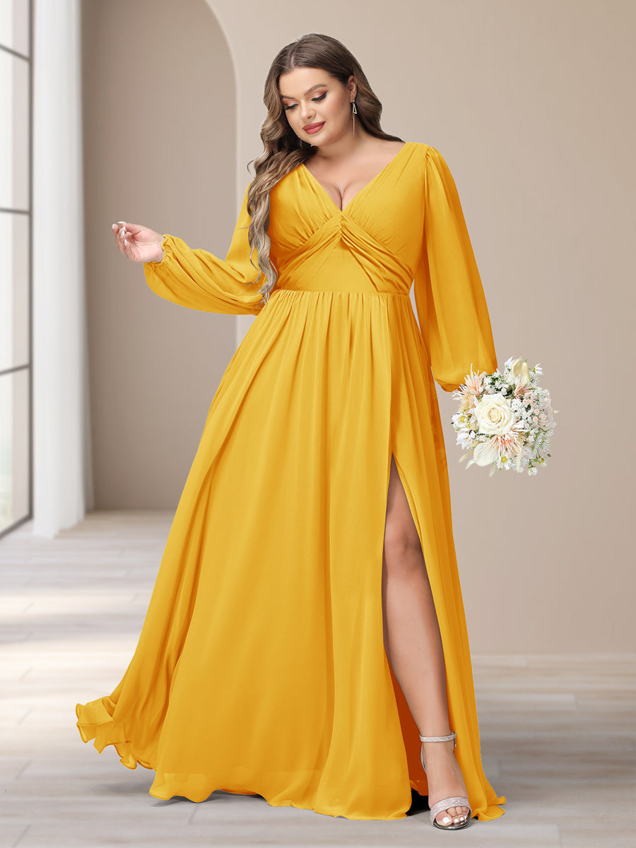 A-Linie/Princess-Linie V-Ausschnitt Lange Ärmel Chiffon Lange Große Größen Brautjungfernkleider Mit Schlitz Seitlich