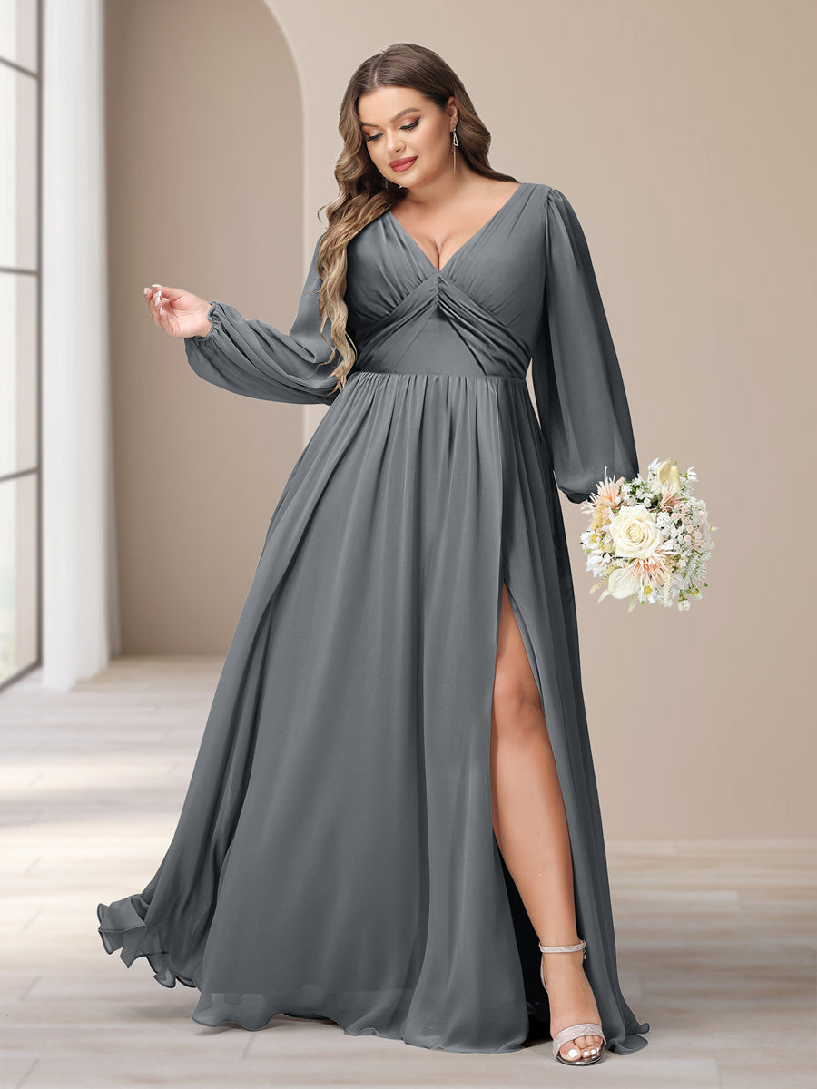 A-Linie/Princess-Linie V-Ausschnitt Lange Ärmel Chiffon Lange Große Größen Brautjungfernkleider Mit Schlitz Seitlich