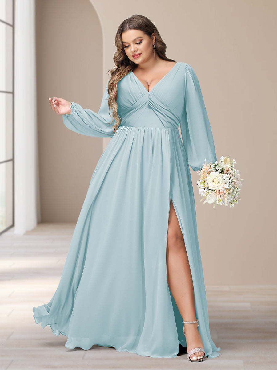 A-Linie/Princess-Linie V-Ausschnitt Lange Ärmel Chiffon Lange Große Größen Brautjungfernkleider Mit Schlitz Seitlich