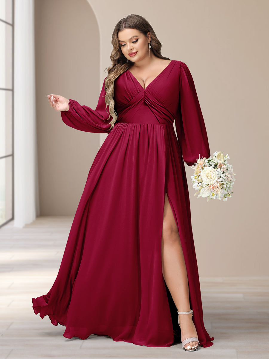 A-Linie/Princess-Linie V-Ausschnitt Lange Ärmel Chiffon Lange Große Größen Brautjungfernkleider Mit Schlitz Seitlich