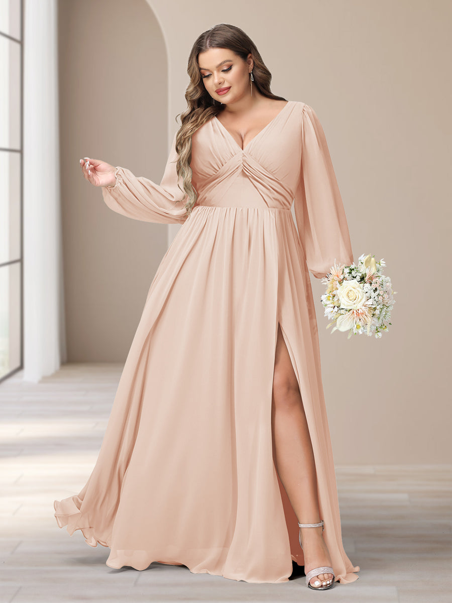 A-Linie/Princess-Linie V-Ausschnitt Lange Ärmel Chiffon Lange Große Größen Brautjungfernkleider Mit Schlitz Seitlich