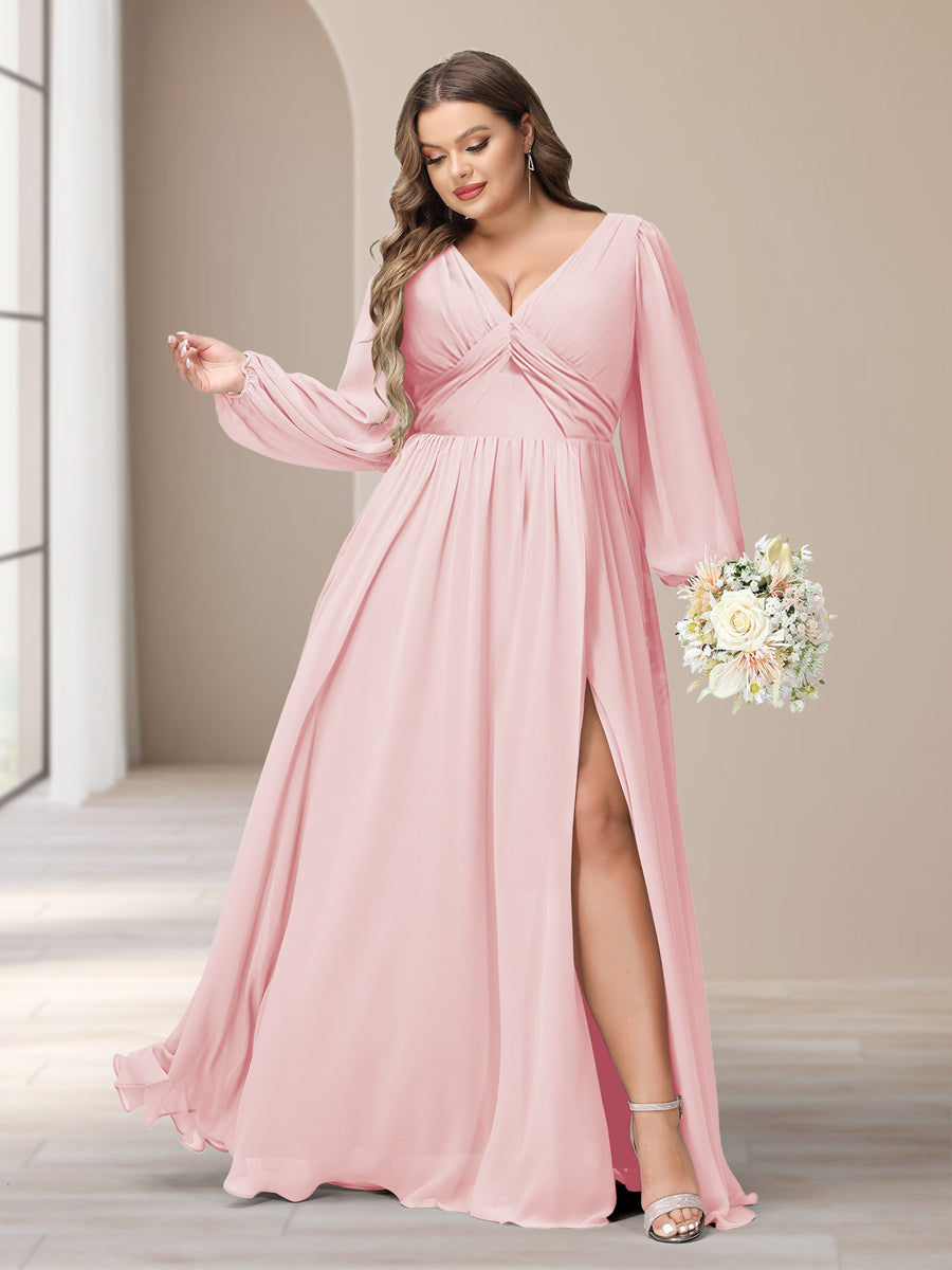 A-Linie/Princess-Linie V-Ausschnitt Lange Ärmel Chiffon Lange Große Größen Brautjungfernkleider Mit Schlitz Seitlich