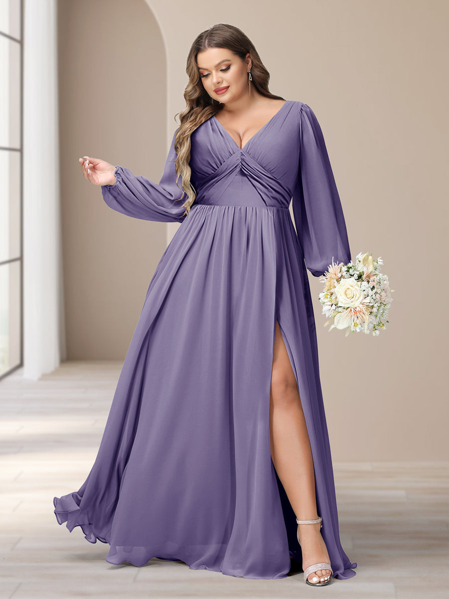 A-Linie/Princess-Linie V-Ausschnitt Lange Ärmel Chiffon Lange Große Größen Brautjungfernkleider Mit Schlitz Seitlich