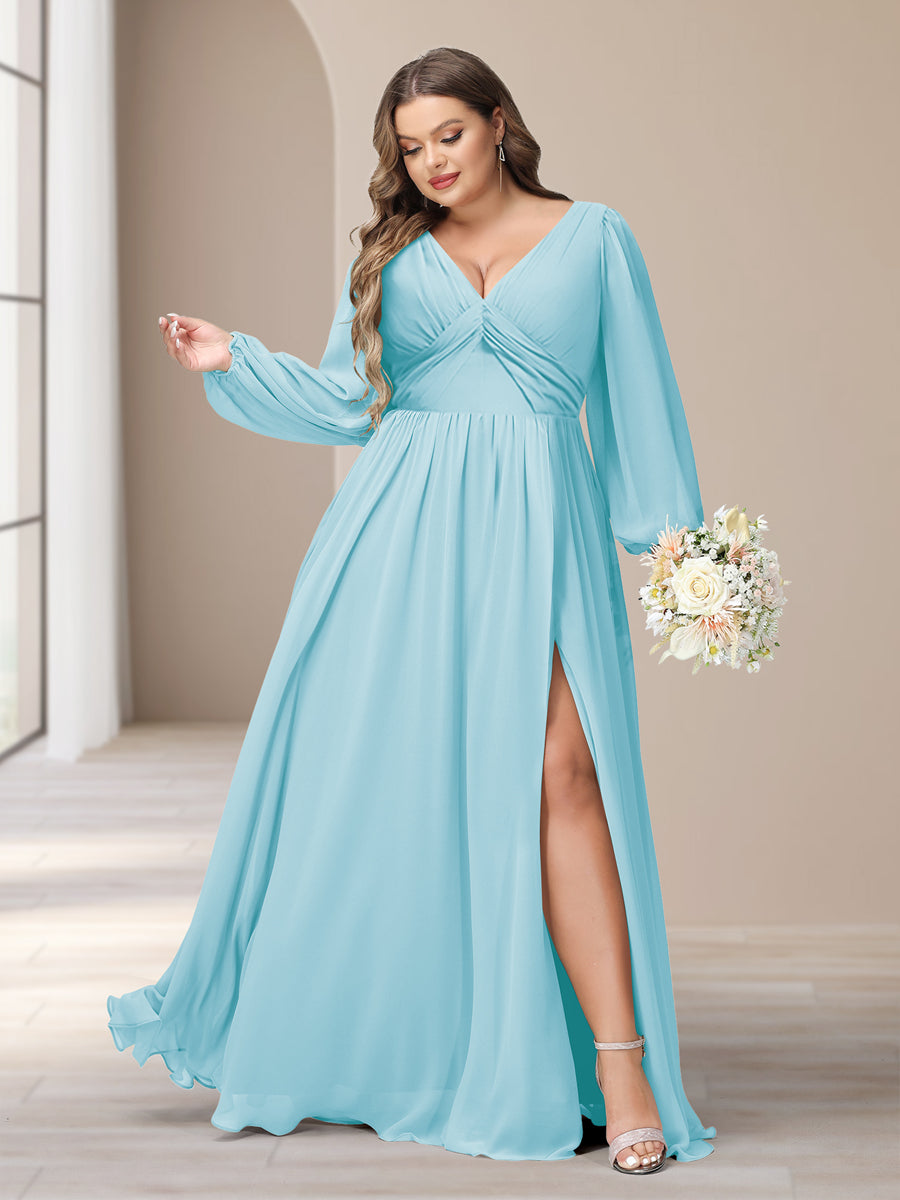 A-Linie/Princess-Linie V-Ausschnitt Lange Ärmel Chiffon Lange Große Größen Brautjungfernkleider Mit Schlitz Seitlich
