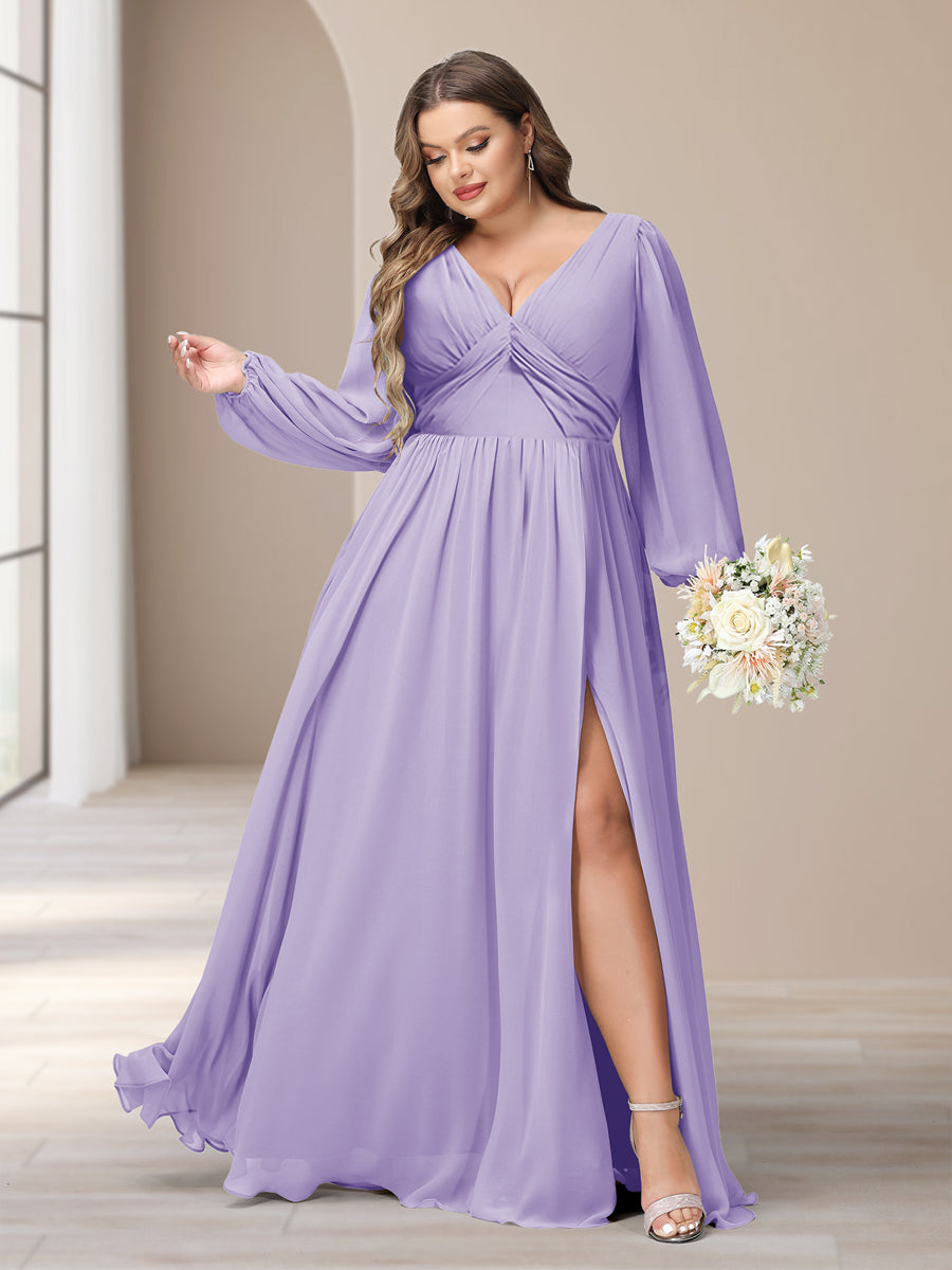 A-Linie/Princess-Linie V-Ausschnitt Lange Ärmel Chiffon Lange Große Größen Brautjungfernkleider Mit Schlitz Seitlich