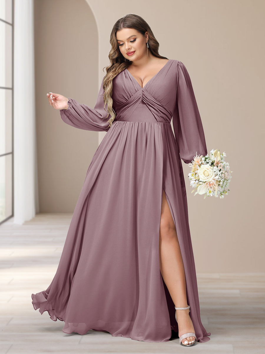 A-Linie/Princess-Linie V-Ausschnitt Lange Ärmel Chiffon Lange Große Größen Brautjungfernkleider Mit Schlitz Seitlich
