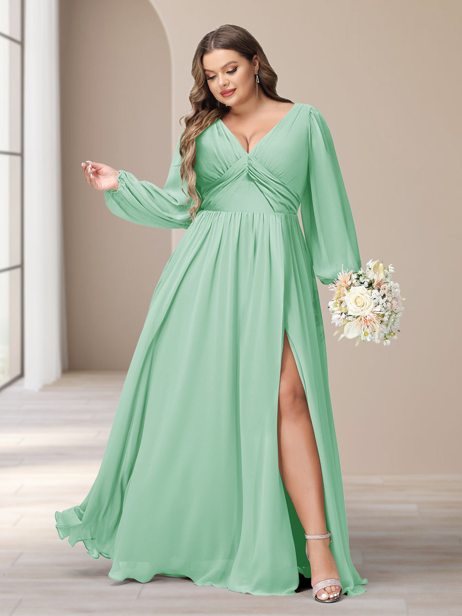 A-Linie/Princess-Linie V-Ausschnitt Lange Ärmel Chiffon Lange Große Größen Brautjungfernkleider Mit Schlitz Seitlich
