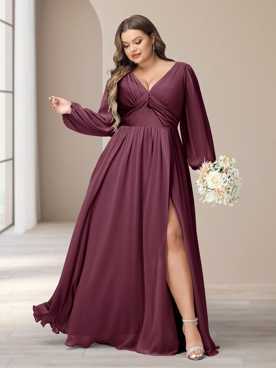 A-Linie/Princess-Linie V-Ausschnitt Lange Ärmel Chiffon Lange Große Größen Brautjungfernkleider Mit Schlitz Seitlich