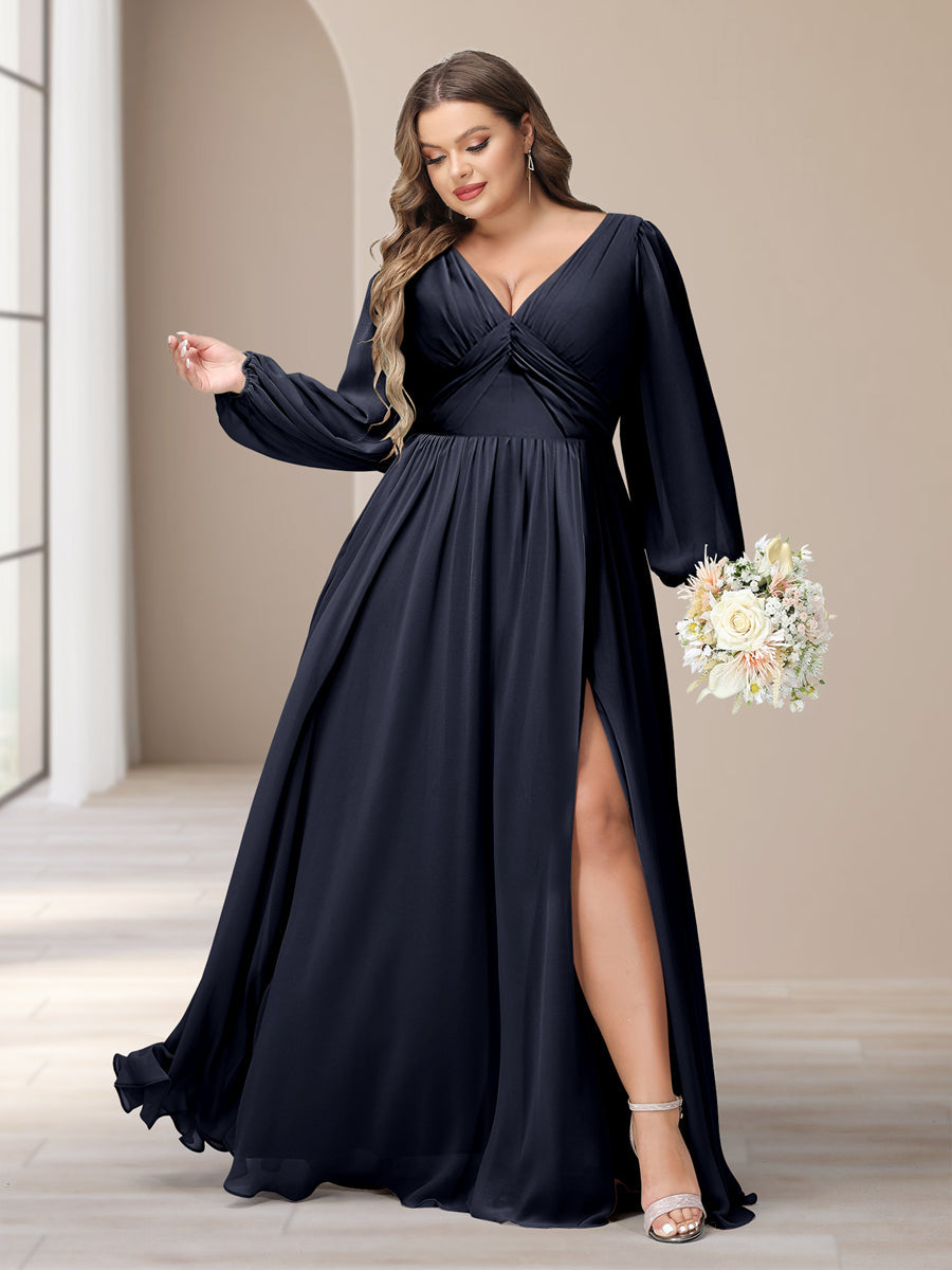 A-Linie/Princess-Linie V-Ausschnitt Lange Ärmel Chiffon Lange Große Größen Brautjungfernkleider Mit Schlitz Seitlich