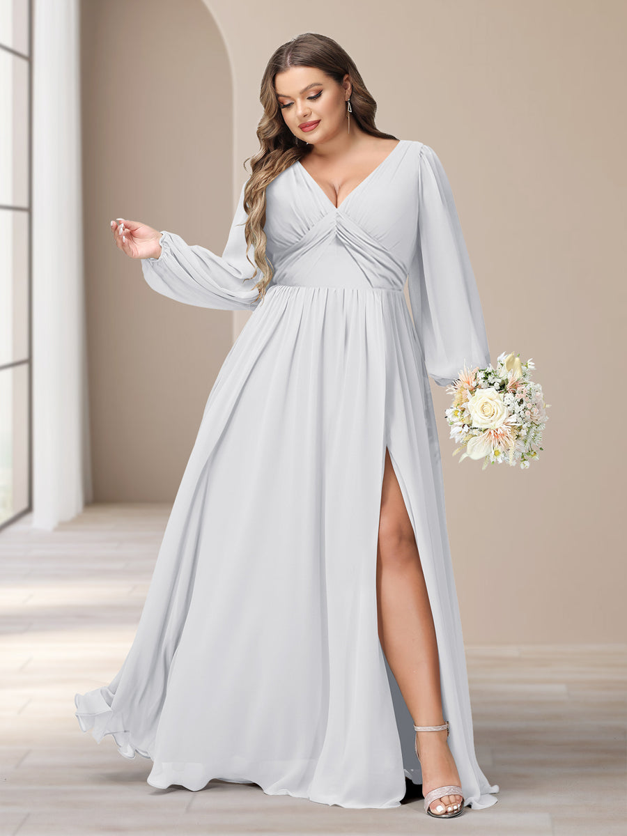 A-Linie/Princess-Linie V-Ausschnitt Lange Ärmel Chiffon Lange Große Größen Brautjungfernkleider Mit Schlitz Seitlich