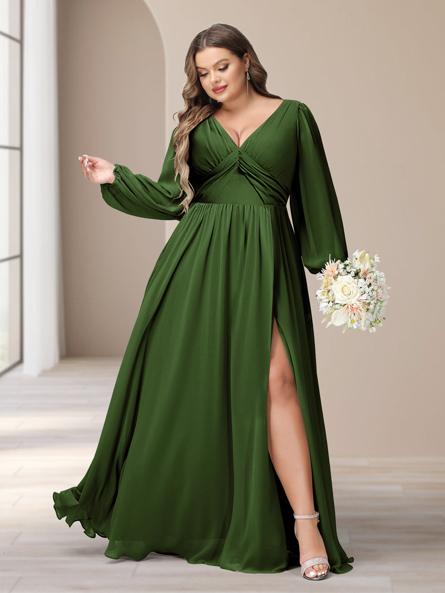 A-Linie/Princess-Linie V-Ausschnitt Lange Ärmel Chiffon Lange Große Größen Brautjungfernkleider Mit Schlitz Seitlich