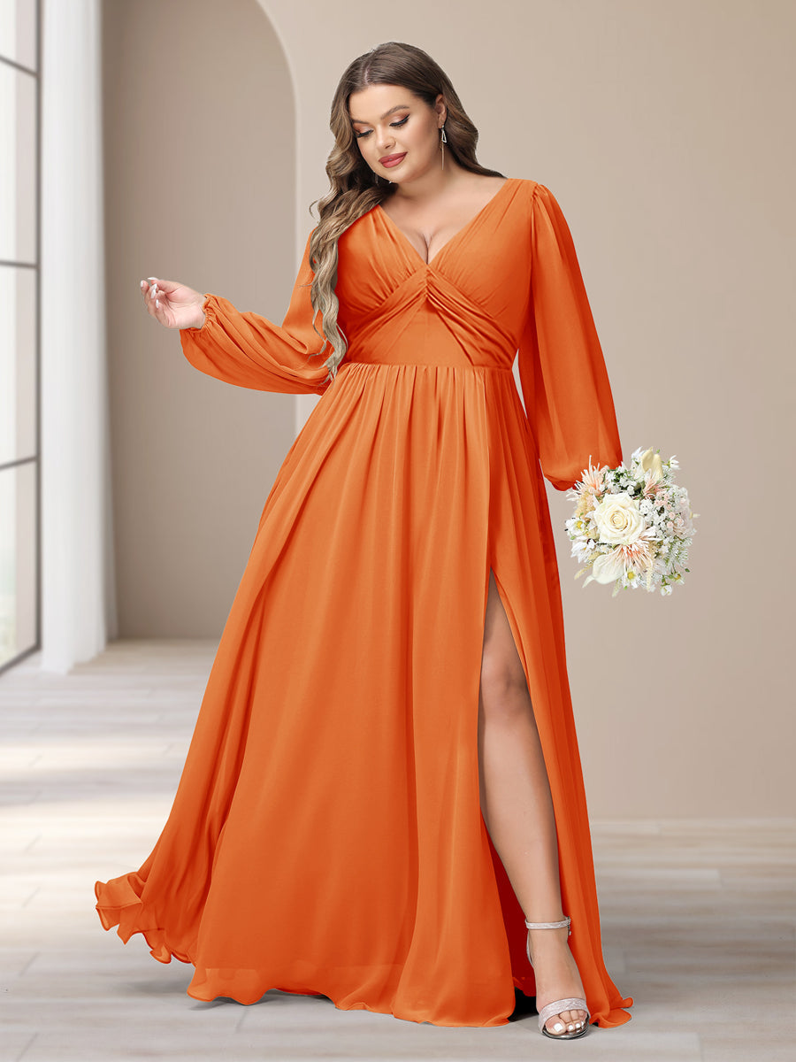 A-Linie/Princess-Linie V-Ausschnitt Lange Ärmel Chiffon Lange Große Größen Brautjungfernkleider Mit Schlitz Seitlich