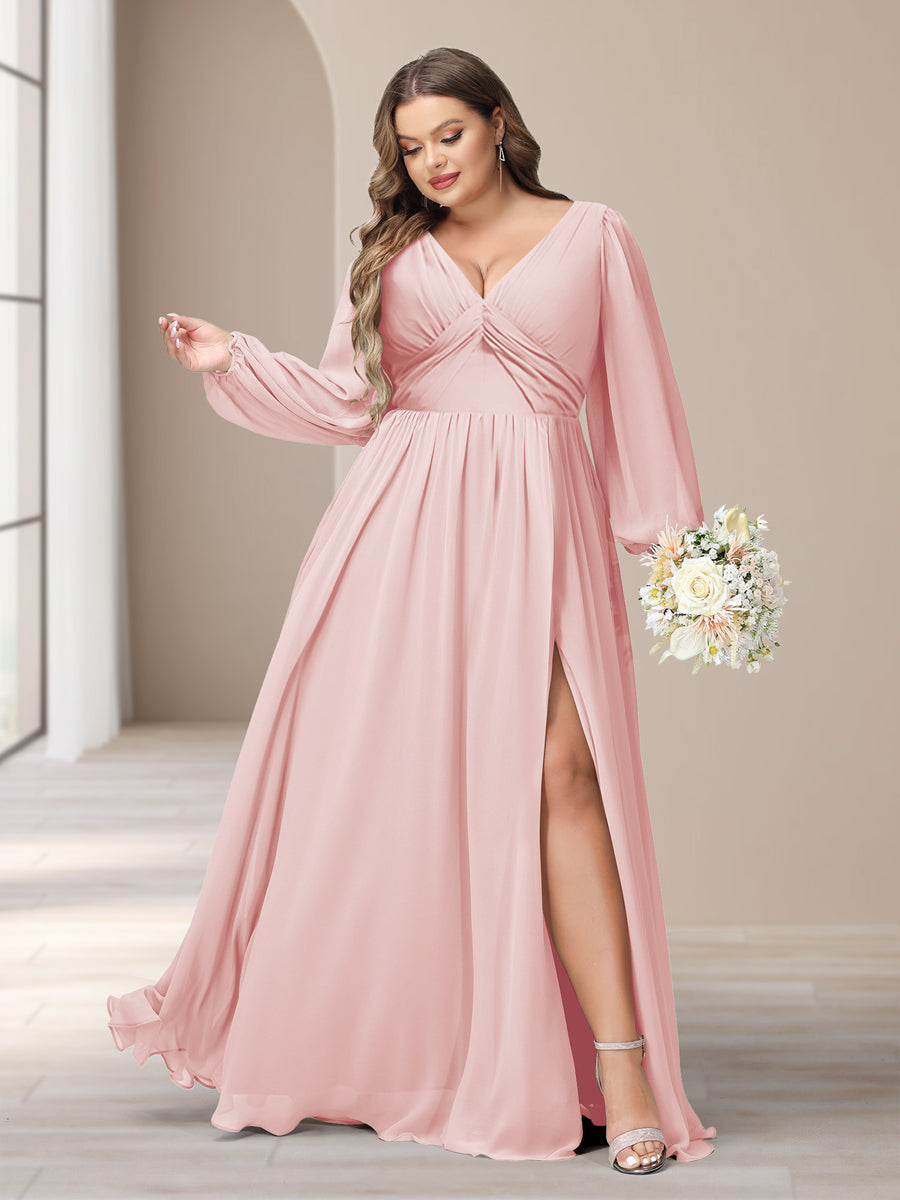 A-Linie/Princess-Linie V-Ausschnitt Lange Ärmel Chiffon Lange Große Größen Brautjungfernkleider Mit Schlitz Seitlich