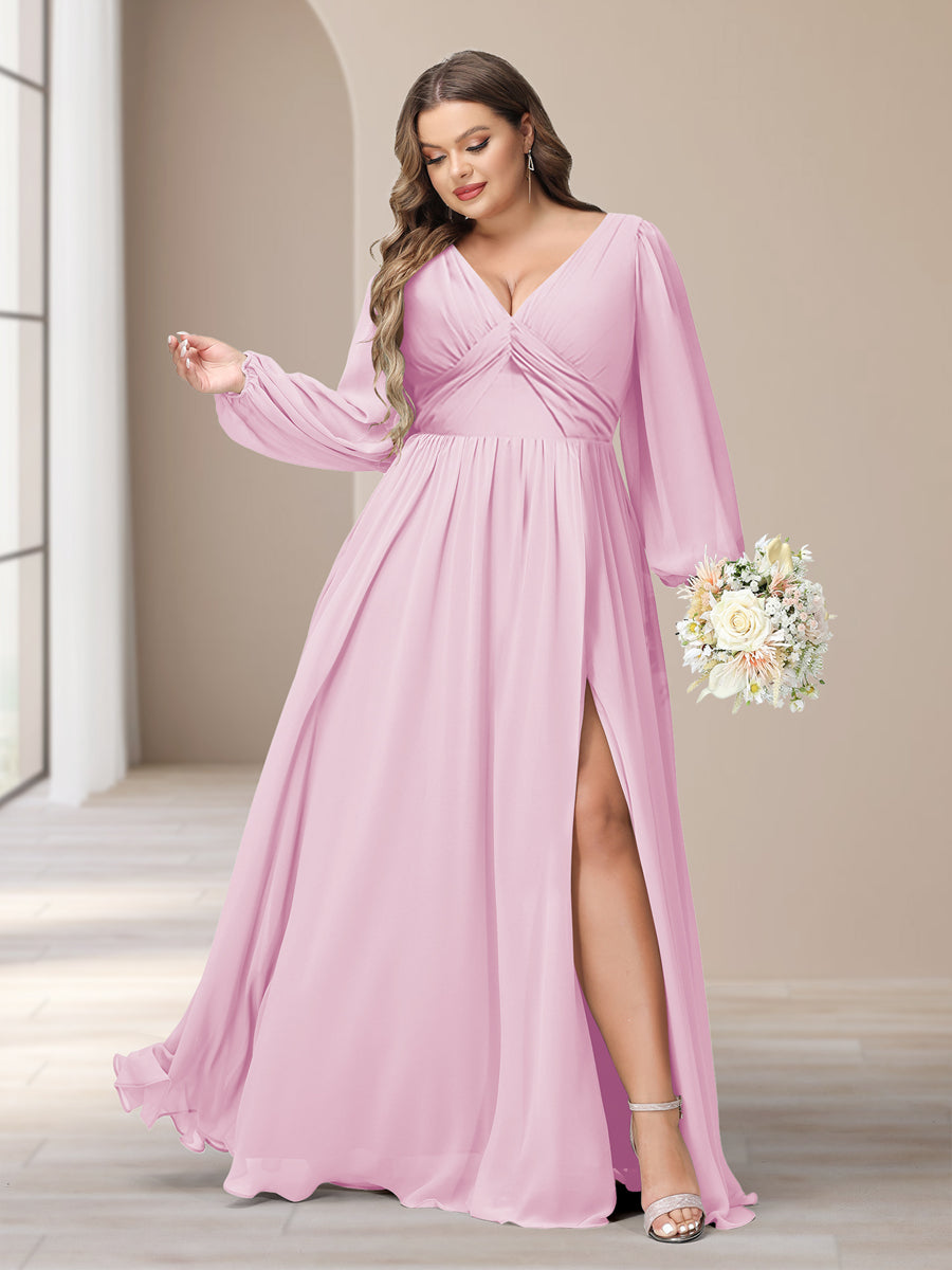 A-Linie/Princess-Linie V-Ausschnitt Lange Ärmel Chiffon Lange Große Größen Brautjungfernkleider Mit Schlitz Seitlich