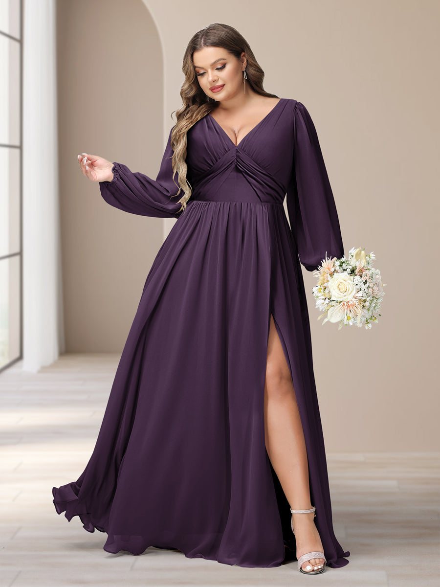 A-Linie/Princess-Linie V-Ausschnitt Lange Ärmel Chiffon Lange Große Größen Brautjungfernkleider Mit Schlitz Seitlich