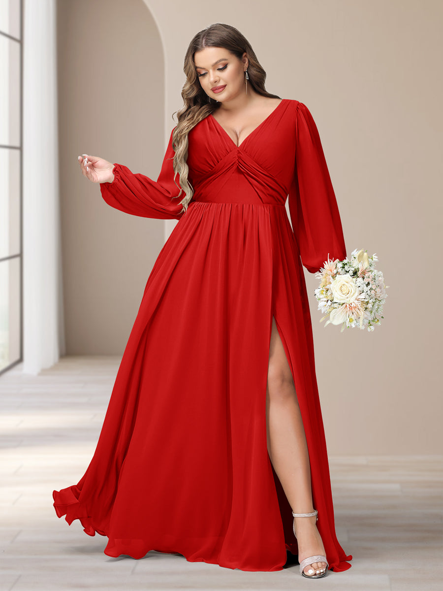 A-Linie/Princess-Linie V-Ausschnitt Lange Ärmel Chiffon Lange Große Größen Brautjungfernkleider Mit Schlitz Seitlich
