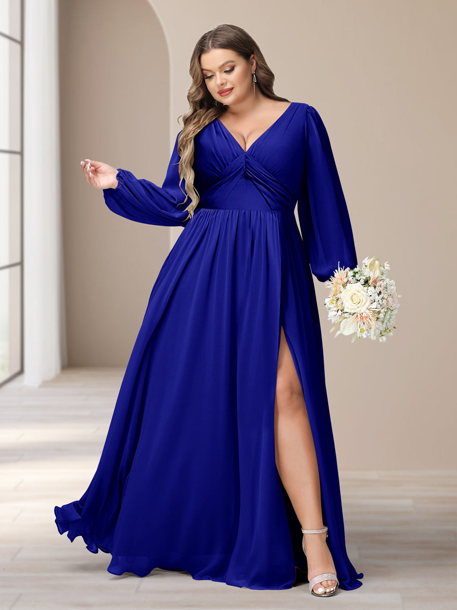 A-Linie/Princess-Linie V-Ausschnitt Lange Ärmel Chiffon Lange Große Größen Brautjungfernkleider Mit Schlitz Seitlich