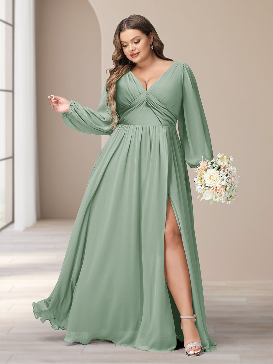 A-Linie/Princess-Linie V-Ausschnitt Lange Ärmel Chiffon Lange Große Größen Brautjungfernkleider Mit Schlitz Seitlich